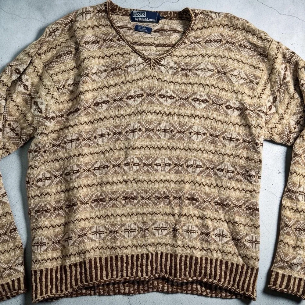 Vintage 90s Polo Ralph Lauren Silk Linen Fair Isle Sweater Mens L Brown Tan